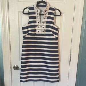 J. Khaki Navy and White Striped Long Sleeve Dress